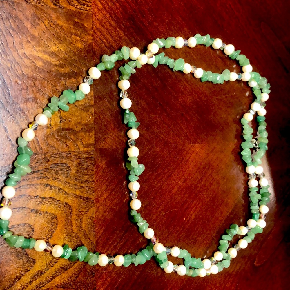 Jade(?) pearl, crystal double strand necklace.